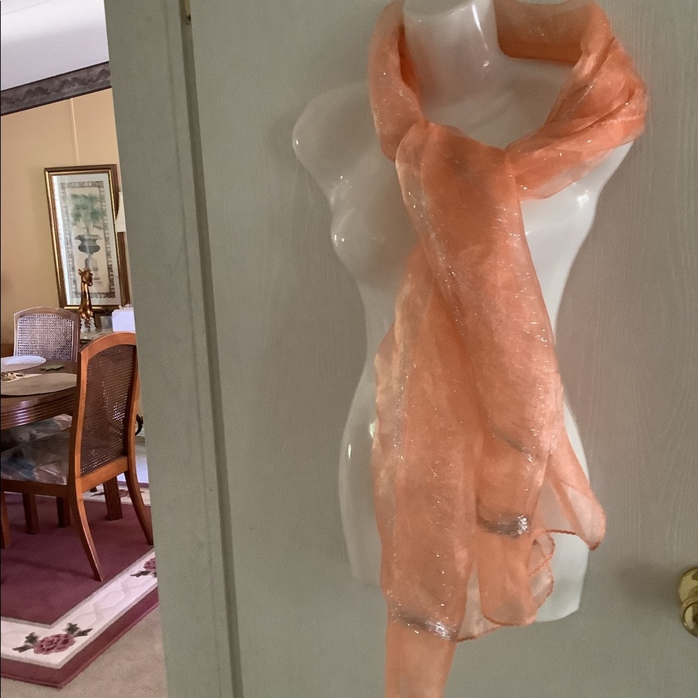 Scarf silk look silver sparkles versatile peach can be worn many ways. 72”x20”